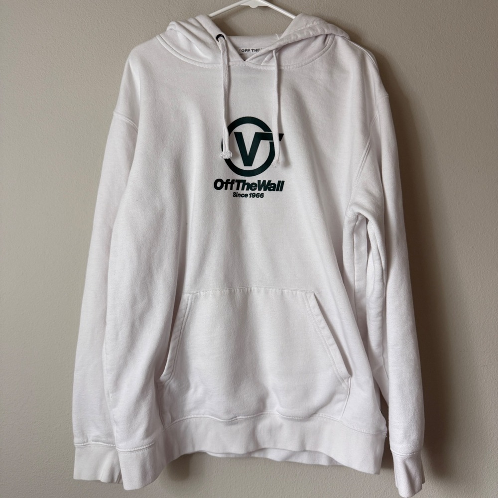 Vans Off The Wall Hoodie Mens Large White Green Graphic Sleeve Logo Pullover